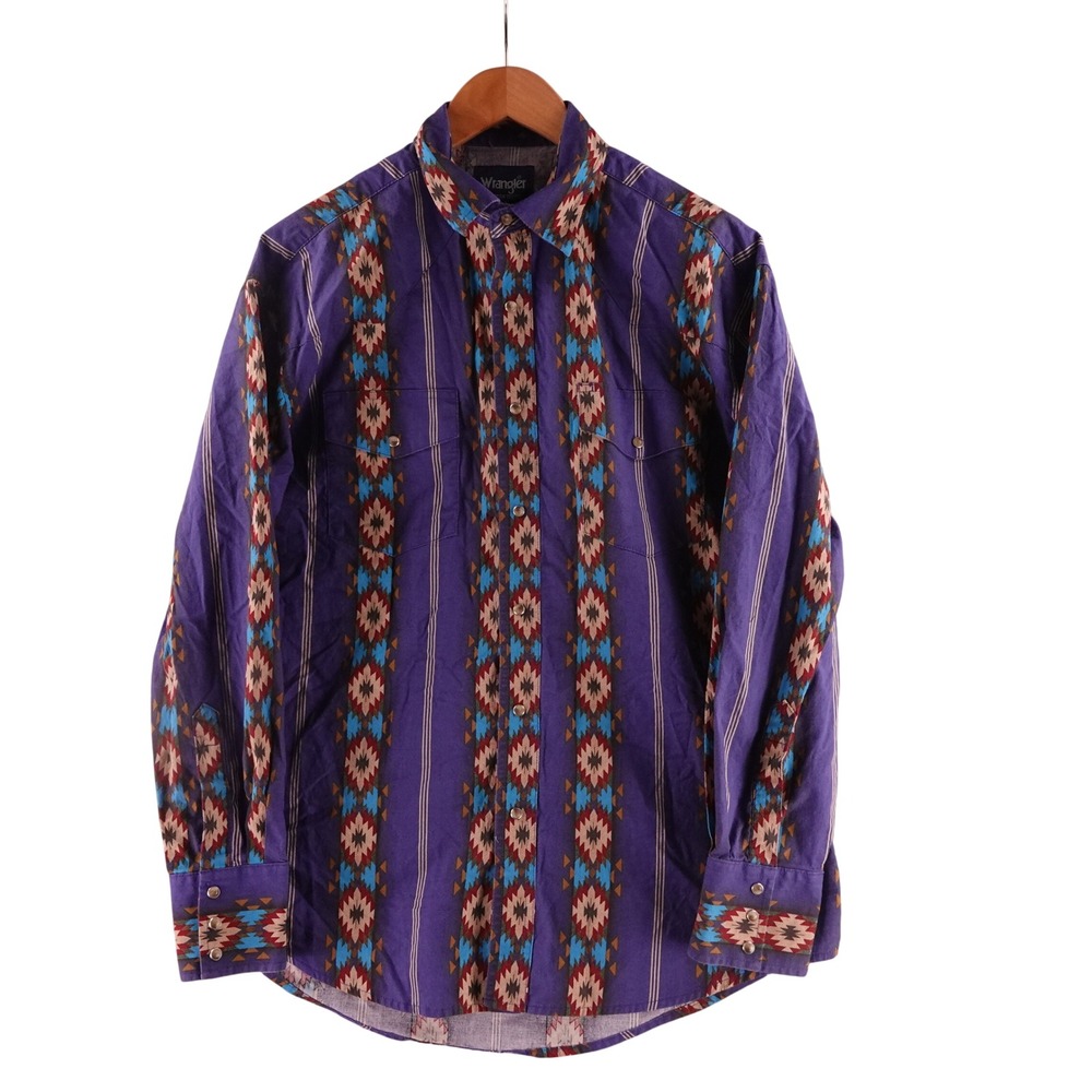 Wrangler Mens Large Western Shirt Purple Aztec Geometric Pearl Snap Southwest